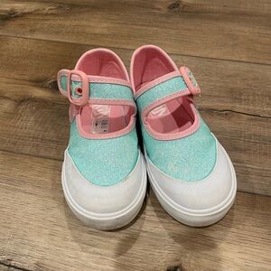 Toddler Glittery Aqua and Pink Vans Mary Jane sneakers